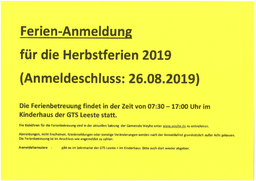 Ferien-Anmeldung Herbstferien 2019