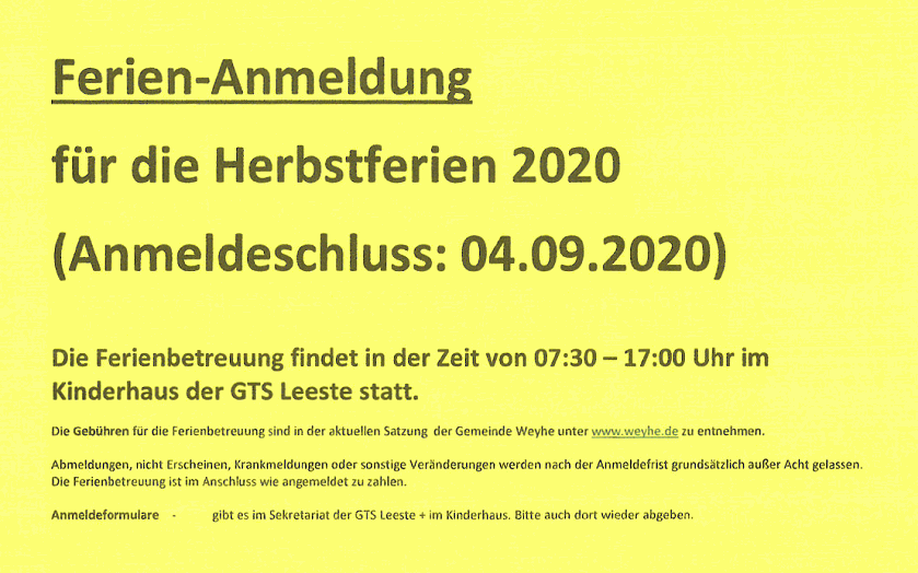 Ferien-Anmeldung Herbstferien 2020