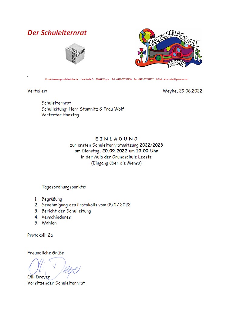 Einladung zur ersten Schulelternratssitzung 2022/23
