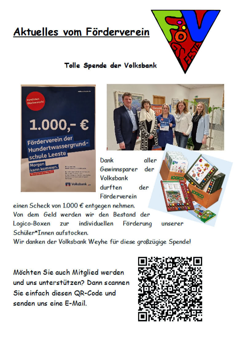 Neues vom Förderverein - Tolle Spende der Volksbank