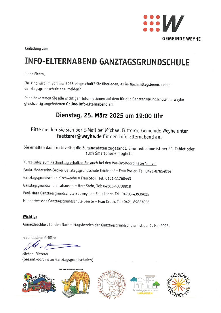 Info Information Ganztagsschule Einladung